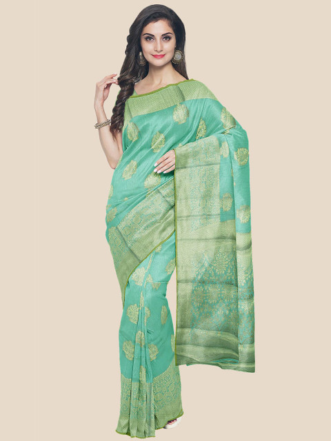 

Kalamandir Turquoise Blue & Gold-Toned Woven Design Zari Silk Blend Saree