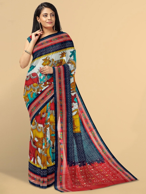

Kalamandir Blue & Red Kalamkari Linen Blend Saree