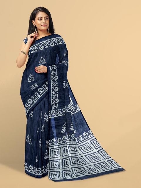 

Kalamandir Navy Blue & White Batik Linen Blend Saree