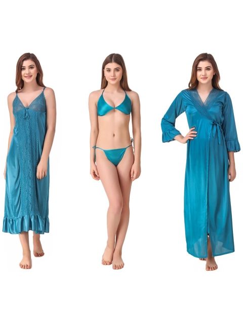 

Romaisa Blue Solid V-Neck Satin Maxi Nightdress