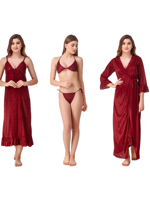 

Romaisa Maroon Solid Satin Maxi Nightdress