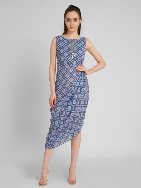 

aturabi Blue Sheath Printed asymmetric hemline Midi Dress