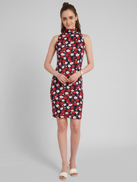 

aturabi Blue & Red Floral Sleeveless Cotton Bodycon Dress