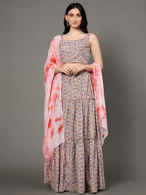 

VAANI CREATION Cream & Pink Printed Shibori Semi-Stitched Lehenga Set