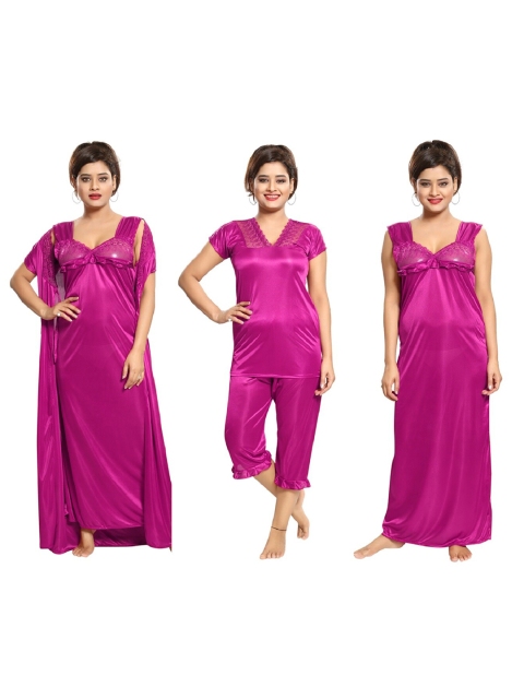 

Romaisa Women Pack of 3 Magenta Satin Solid Nightwear Set