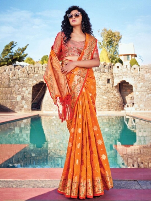 

KARAGIRI Orange & Gold-Toned Woven Design Zari Silk Blend Banarasi Saree