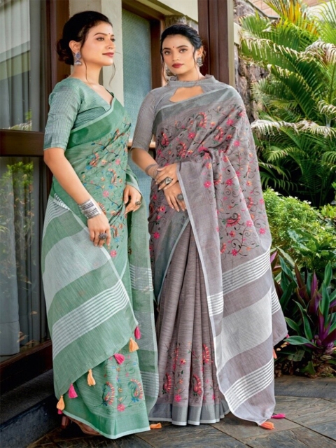 

KARAGIRI Grey & White Floral Linen Blend Saree