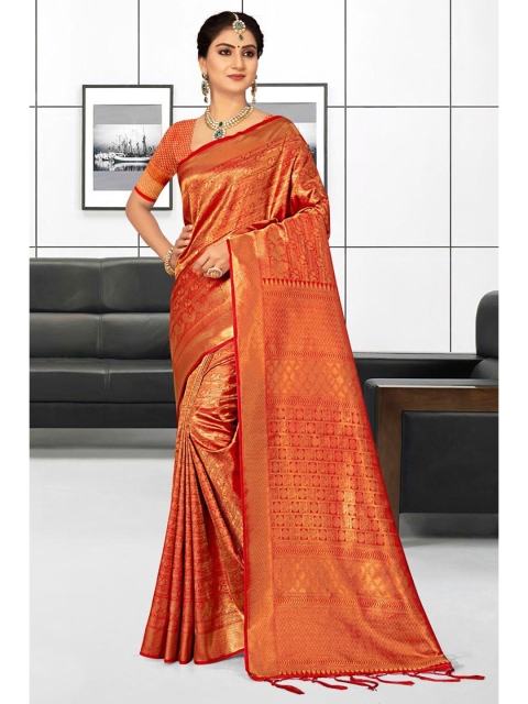

KARAGIRI Red & Gold-Toned Floral Zari Silk Blend Kanjeevaram Saree