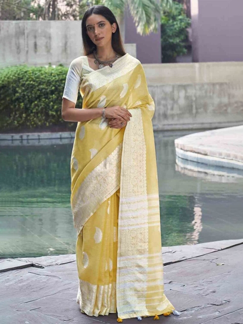 

KARAGIRI Yellow & White Paisley Zari Linen Blend Saree
