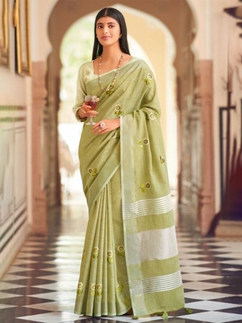 

KARAGIRI Green & Silver-Toned Floral Zari Linen Blend Saree