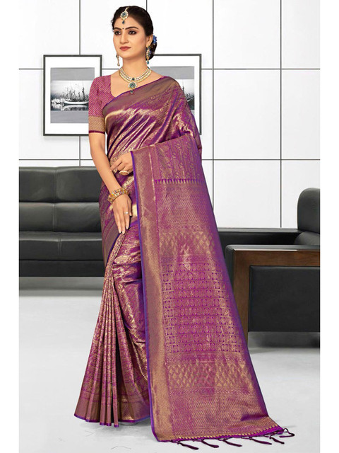 

KARAGIRI Purple & Gold-Toned Floral Zari Silk Blend Kanjeevaram Saree