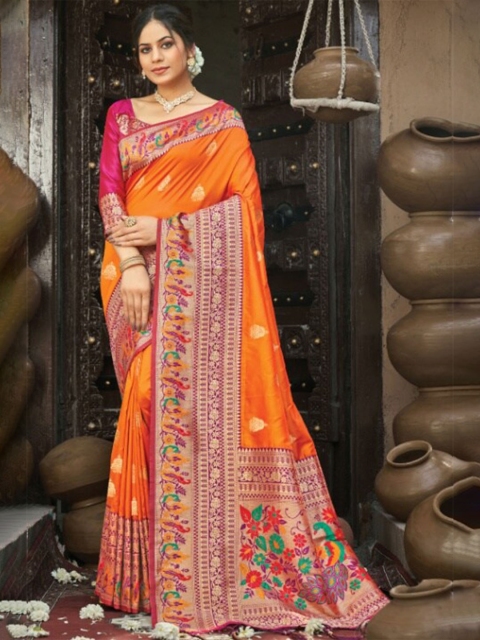 

KARAGIRI Orange & Gold-Toned Floral Zari Silk Blend Paithani Saree
