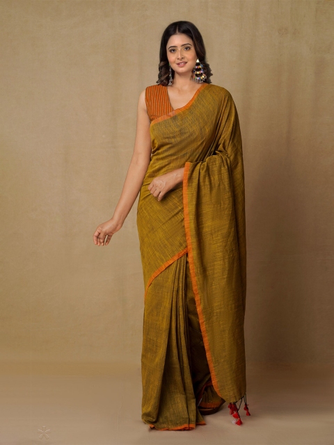 

Unnati Silks Women Gold-Toned & Orange Pure Cotton Jamdani Saree