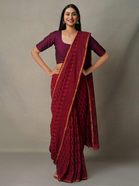 

Unnati Silks Women's Art Chanderi Bagh Printed Cotton Red & Black Bagh Chanderi Saree