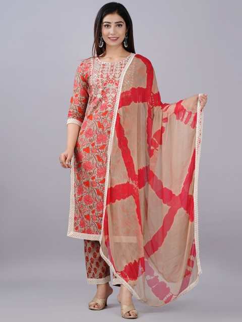 

NITVAN Women Beige Floral Printed Thread Work Pure Cotton Kurta with Trousers & With Dupatta