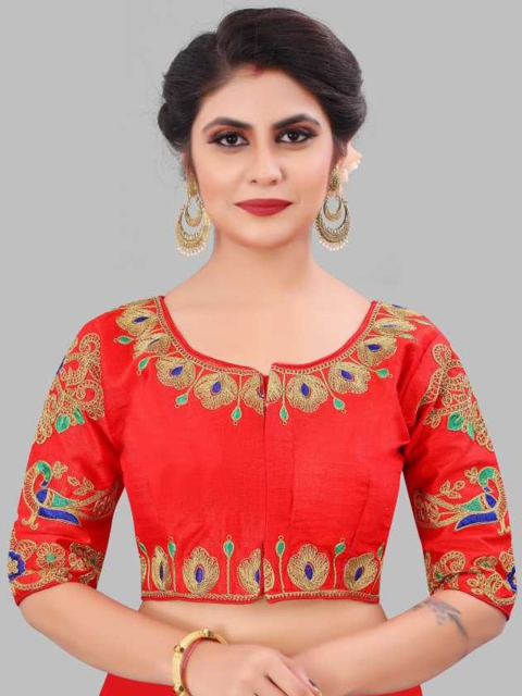 

LINARO LIFESTYLES Women Red & Blue Embroidered Readymade Saree Blouse
