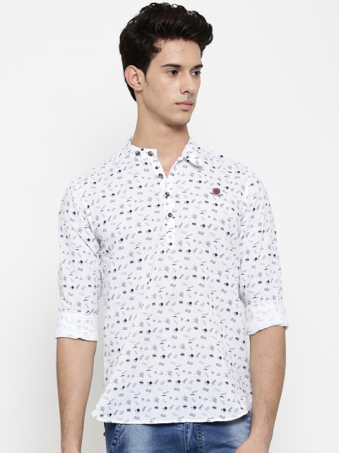 

The Indian Garage Co Men White & Navy Blue Printed A-Line Kurta