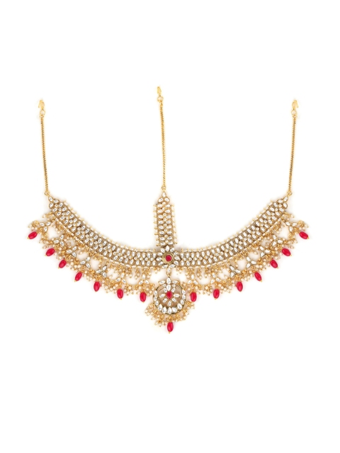 

Sanjog Gold-Plated Pink & White Kundan Studded Bridal Matha Patti