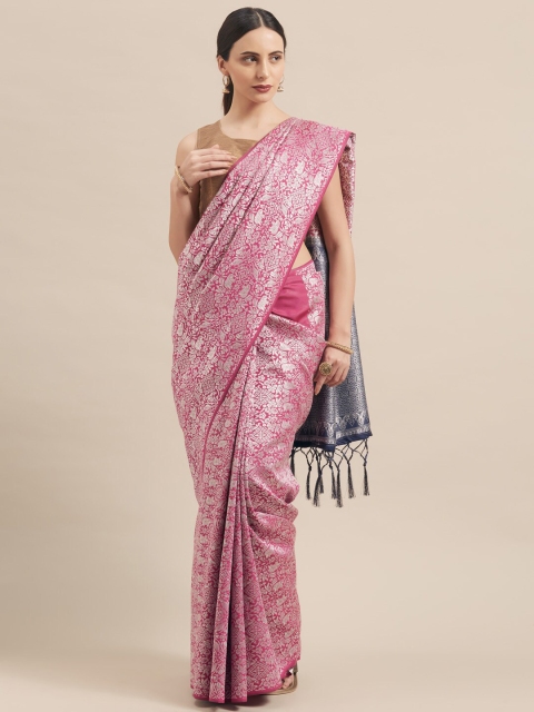 

KALINI Pink & Silver-Toned Woven Design Zari Silk Blend Banarasi Saree