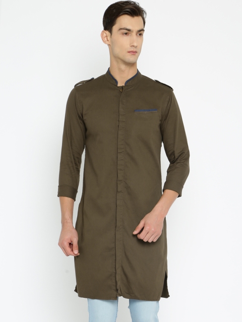 

Freehand Men Olive Green Solid Pathani Kurta