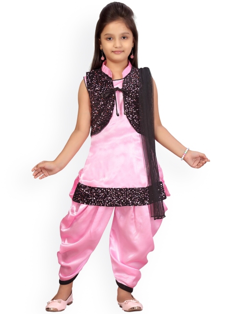 

Aarika Girls Pink Printed Pure Silk Kurta with Dhoti Pants & With Dupatta