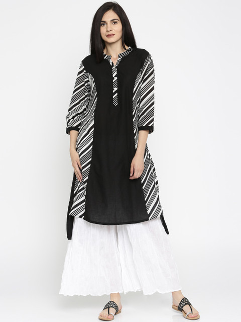 

Jashn Women Black & White Striped Straight Kurta