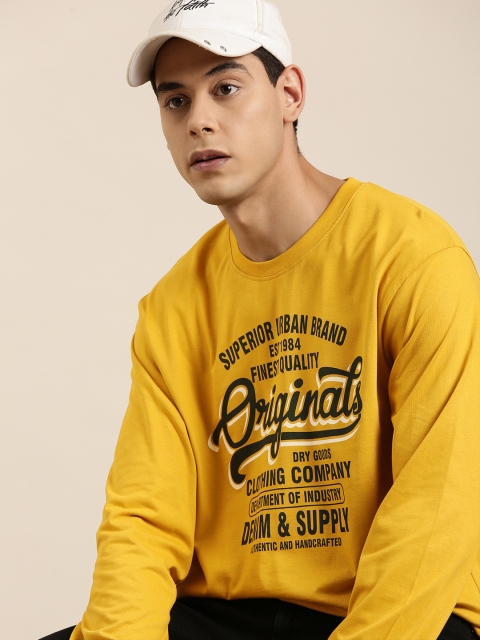 

DILLINGER Men Mustard Yellow Typography Printed Pure Cotton Loose T-shirt