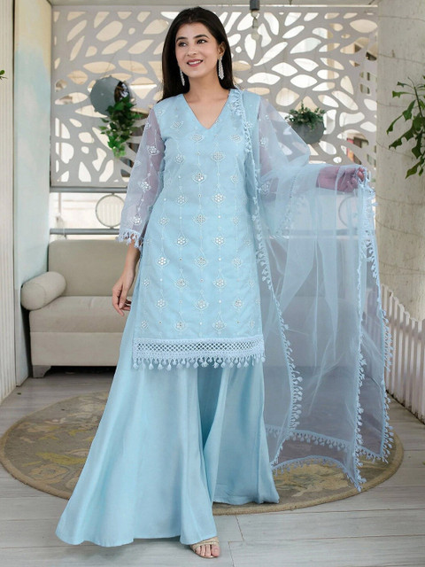 

Fashion Basket Blue Embroidered Semi-Stitched Dress Material