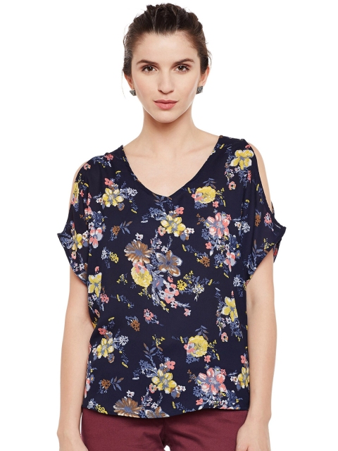 

Ruhaans Navy Blue Floral Print Georgette Top