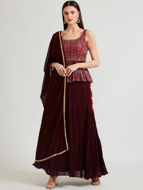 

Neerus Women Maroon Embroidered Kurta with Skirt & With Dupatta