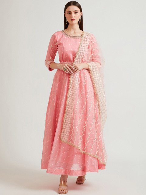 

Neerus Women Pink Panelled Sequinned Kurta with Leggings & With Dupatta
