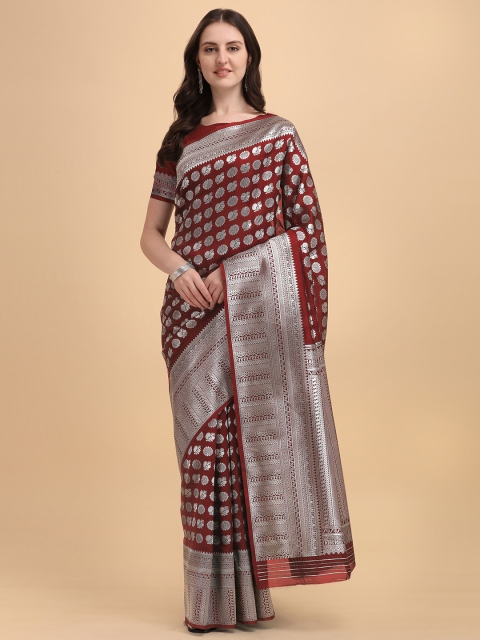 

Kasak Maroon & Silver-Toned Floral Zari Pure Silk Banarasi Saree