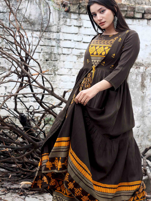

KALINI Women Brown & Yellow Embroidered Thread Work Anarkali Kurta