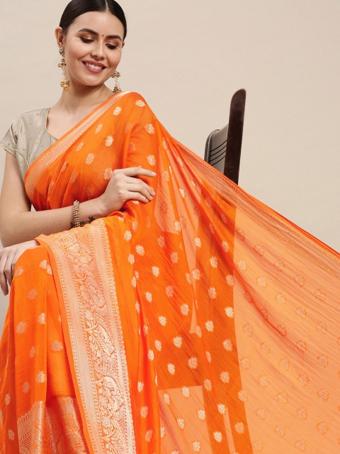 

Rani Saahiba Orange & Golden Woven Design Saree