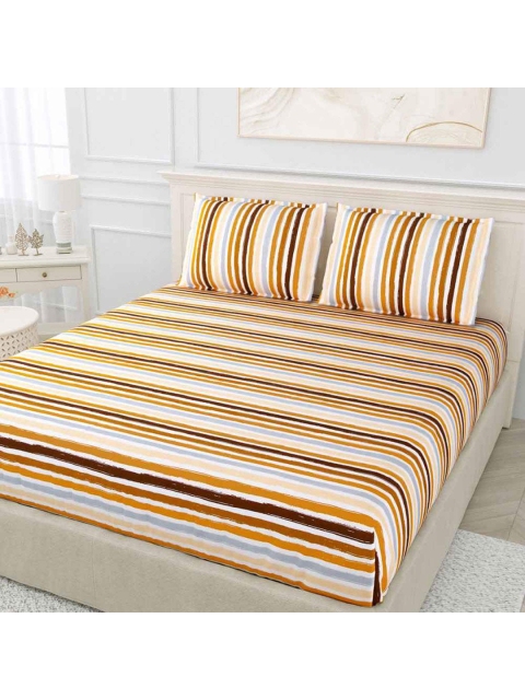 

haus & kinder Yellow & Grey Striped 144 TC Queen Bedsheet with 2 Pillow Covers
