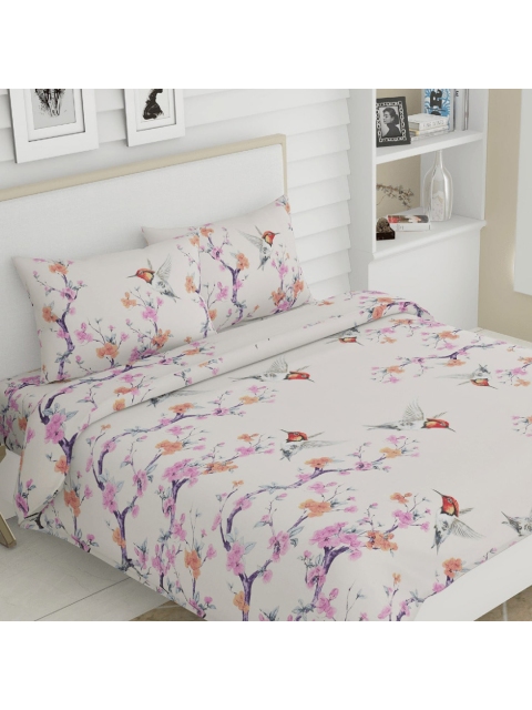 

haus & kinder Cream-Coloured & Lavender Floral 186 TC Queen Bedsheet with 2 Pillow Covers