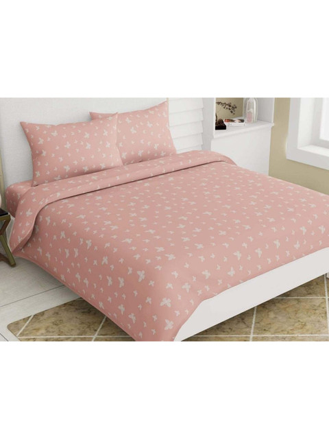 

haus & kinder Peach-Coloured & White Floral 186 TC Queen Bedsheet with 2 Pillow Covers