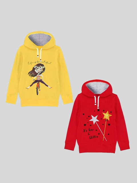 

KUCHIPOO Girl's Multicoloured Printed Fleece Hooded Hoodie Pack Of 2, Yellow