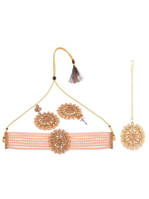 

Efulgenz Gold-Plated Peach Crystal-Studded Beaded Choker Jewellery Set