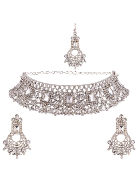 

Efulgenz Rhodium-Plated Silver-Coloured & White Crystal Studded Traditional Jewellery Set