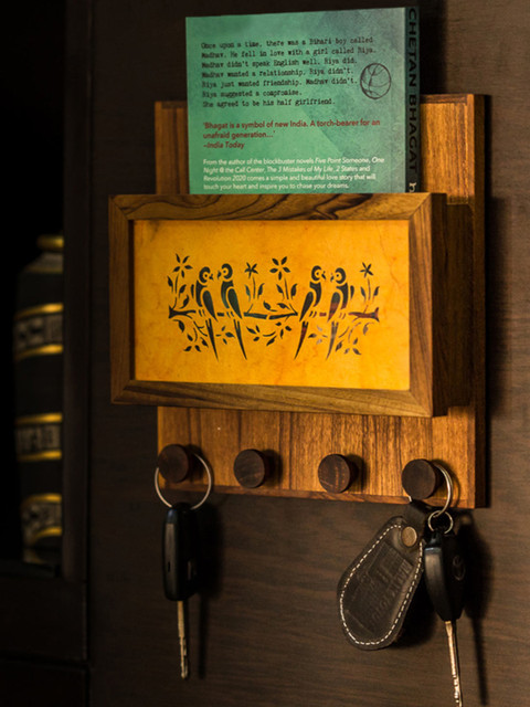 

ExclusiveLane Brown & Mustard Yellow Hand-Painted Wooden Key Cum Book Holder