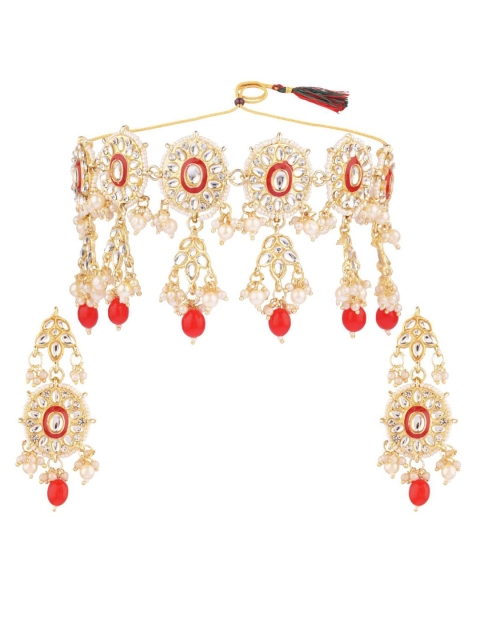 

Efulgenz Gold-Plated Red & White Stone-Studded Jewellery Set