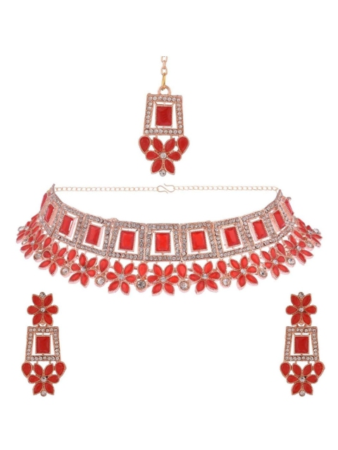 

Efulgenz Gold-Plated Red & White Crystal Studded Traditional Jewellery Set