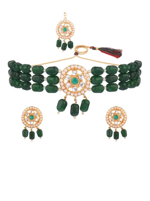 

Efulgenz Gold-Plated Green & White Stone Studded & Beaded Traditional Jewellery Set