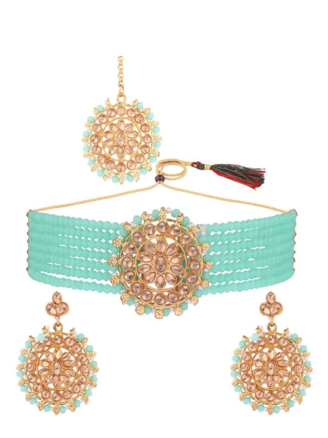 

Efulgenz Gold-Plated Blue Crystal Studded & Beaded Traditional Jewellery Set