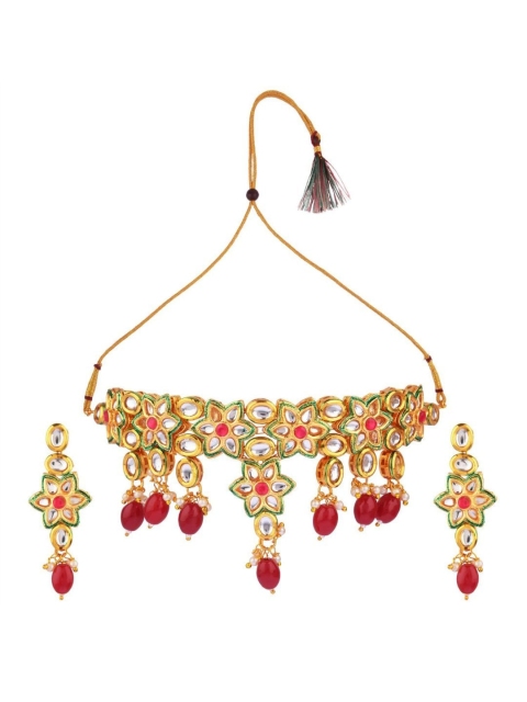 

Efulgenz Gold-Plated White & Red Kundan-Studded & Beaded Traditional Jewellery Set