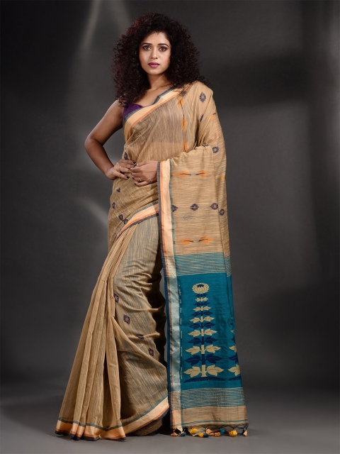 

Arhi Beige & Blue Woven Design Zari Pure Cotton Saree