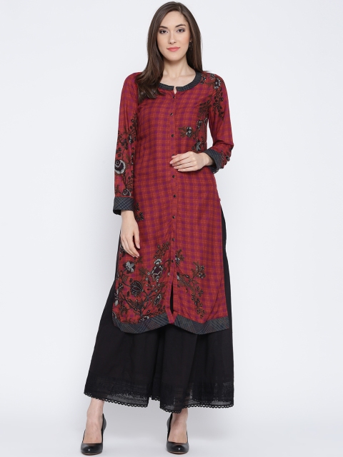 

Biba Women Red & Magenta Checked Straight Kurta