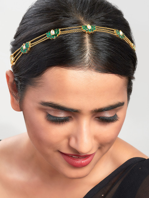 

Ahaanya Gold-Plated Green & White Stone Studded & Beaded Enamelled Maang Tikka