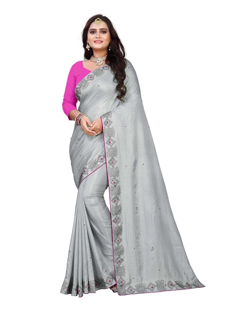 

M Venture Grey & Pink Embellished Silk Blend Venkatgiri Saree